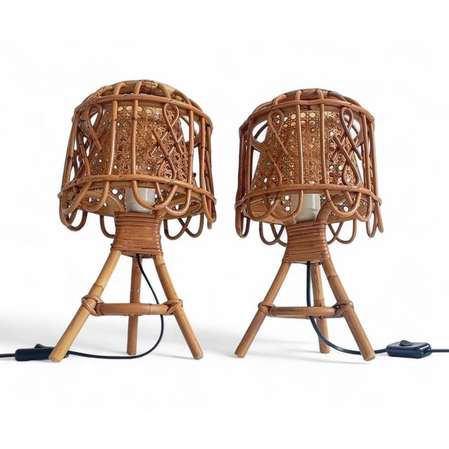 French Riviera Rattan and Cane Table Lamps by Franco Albini, 1960s, Set of 2 For Sale - Image 14 of 14