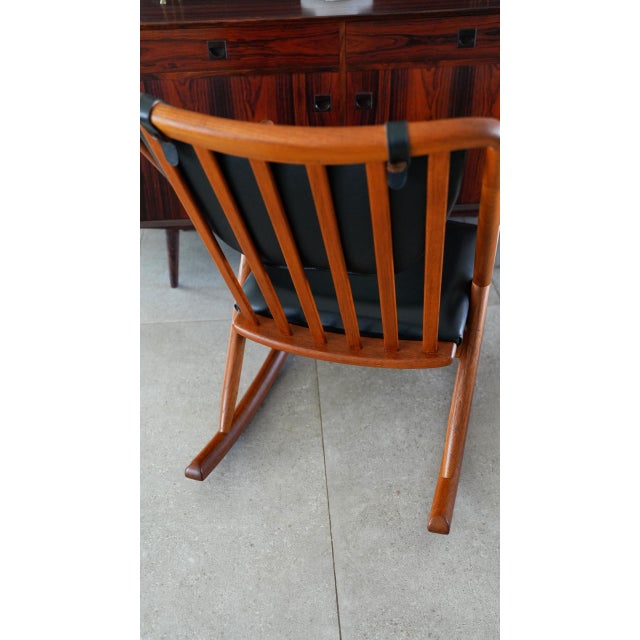 Mid-Century Modern 1960s Attributed to Benny Linden Danish Teak Rocking Chair | Reupholstered Black Leather For Sale - Image 3 of 13