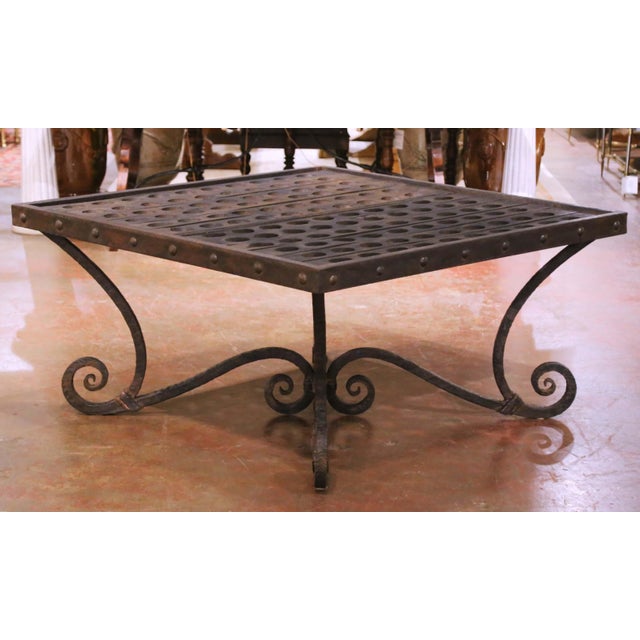 Mid-Century French Iron and Oak Riddling Board Table With Glass Top For Sale - Image 4 of 15
