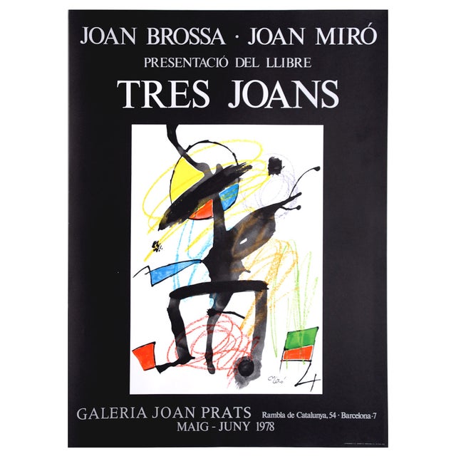 This original color print poster, Tres Joans, was created by Joan Miró in 1978 for the presentation of the book Tres Joans...