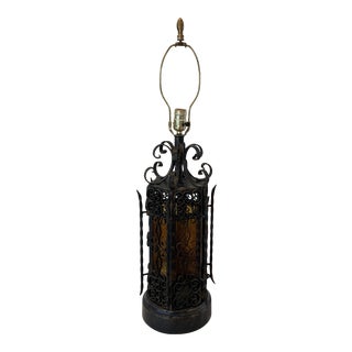 Gothic Spanish Revival Wrought Iron and Stained Glass Lamp For Sale