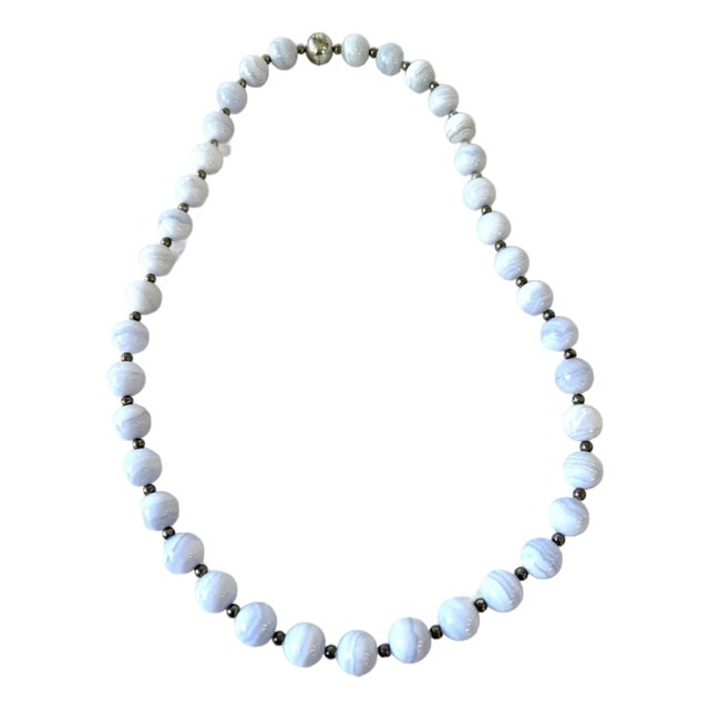 1990s Blue Lace Agate Sterling Silver Milor Beaded Necklace - Italy For Sale