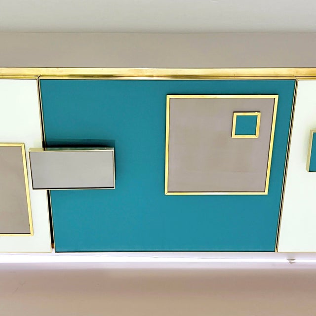 Modern Italian Ivory Gray Teal Blue Geometric Postmodern Brass Cabinet Sideboard For Sale In New York - Image 6 of 11