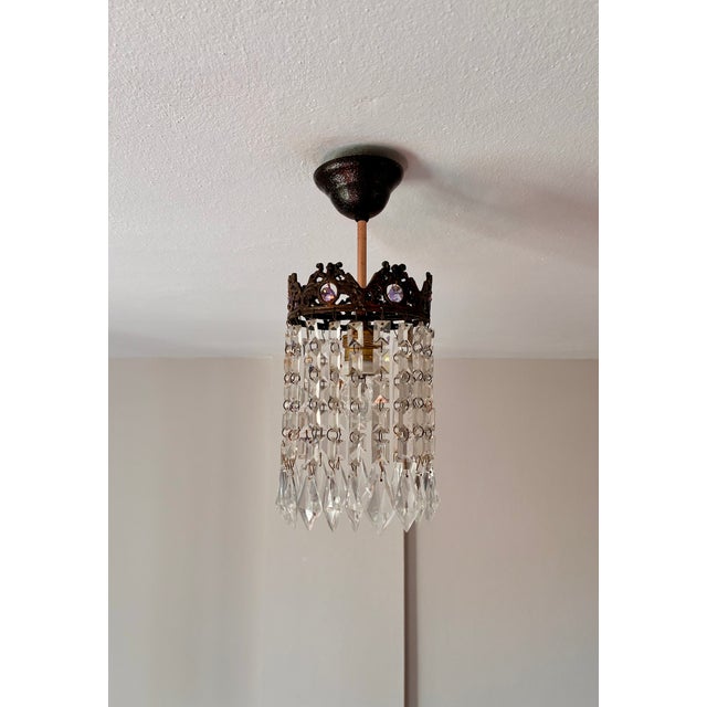 Small Vintage Crystal Chandelier – Bronze Filigree Crown & Amethyst Glass Accents For Sale - Image 10 of 18