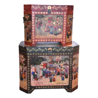 Antique Hand-Painted Asian Wedding Chests (Pair) – Lacquered Wood, Figural Scenes For Sale