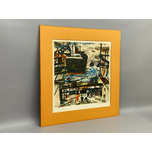 Signed and numbered Jacques Petit (1925-?) modernist harbor lithograph, circa 1961. Pencil signed, dated and numbered...