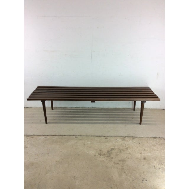 Mid Century Modern Slat Bench Coffee Table With Walnut Finish For Sale - Image 11 of 12