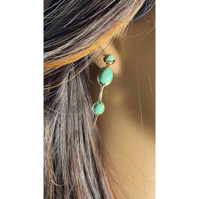 Contemporary Vintage Ippolita Trending 18k Gold Hoop Earrings Cabochon Turquoise - 2 Pieces For Sale - Image 3 of 12