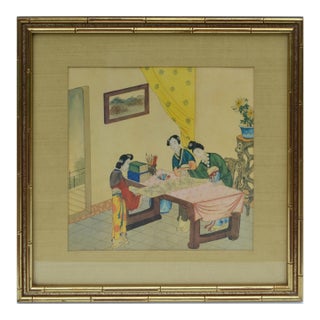 Gilt Wood Framed Qing Dynasty Chinese Family Watercolor Painting on Paper For Sale