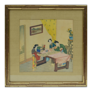 Gilt Wood Framed Qing Dynasty Chinese Family Watercolor Painting on Paper