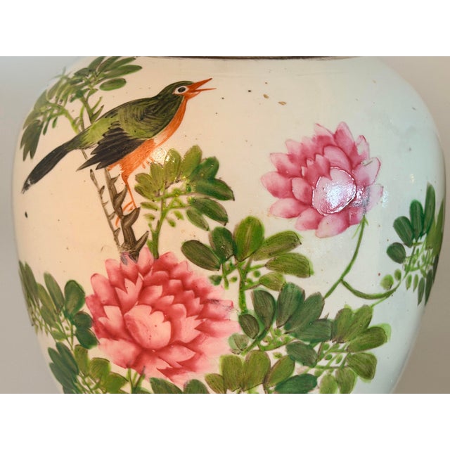 Pair of Chinese Famille Rose Chinoiserie Porcelain Handpainted Ginger Jar Table Lamps, Pink and Green Floral With Birds and Calligraphy For Sale - Image 9 of 18