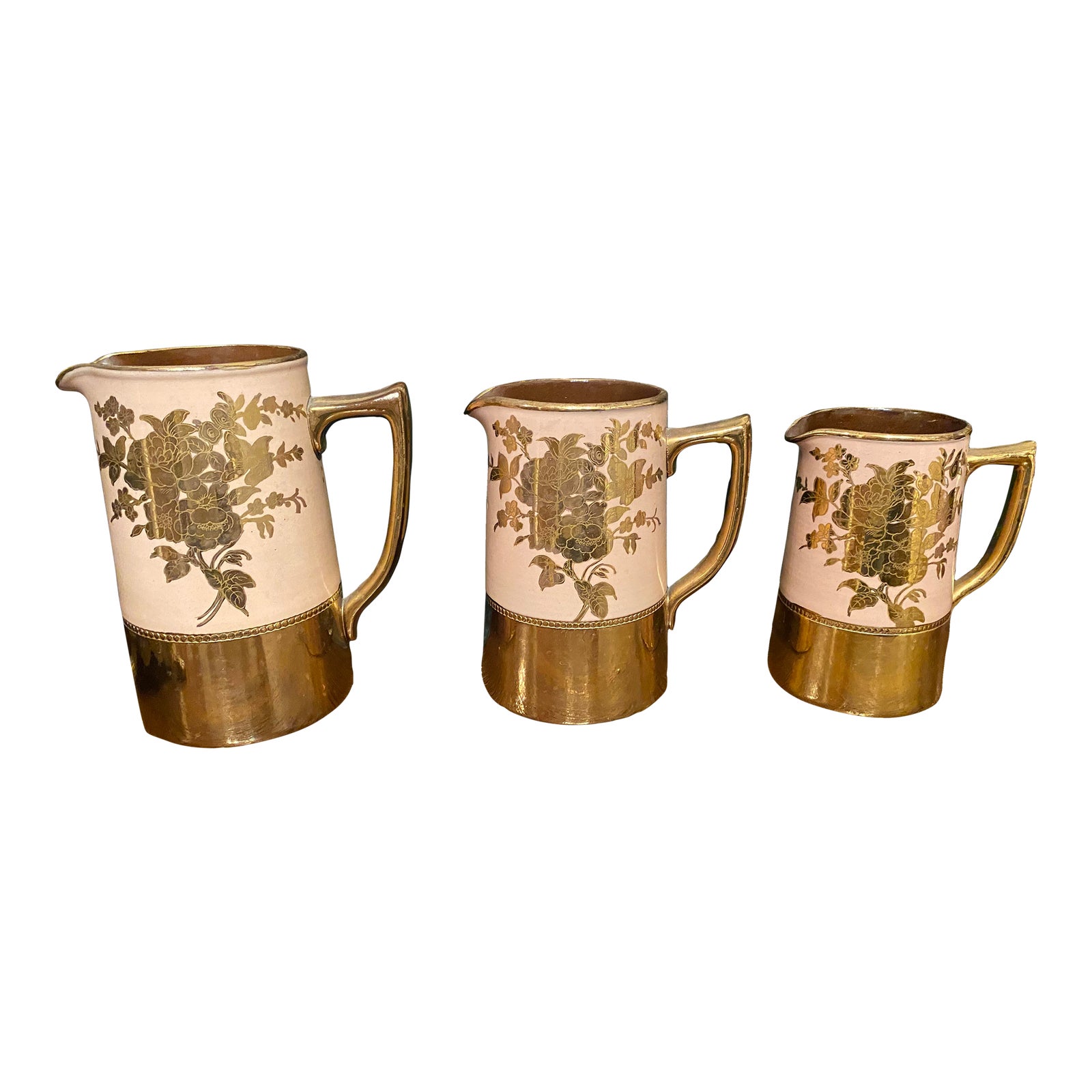 Set of Three Vintage 1950s French Pink and Gold English Stoneware ...