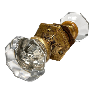Early 1900s American Octagonal Glass Door Knobs With Brass Rosettes