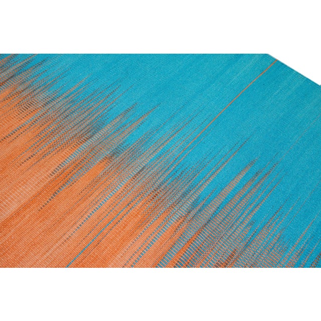 Modern Kilim Flatweave Abstract Designed Blue and Orange Wool Rug For Sale In New York - Image 6 of 10