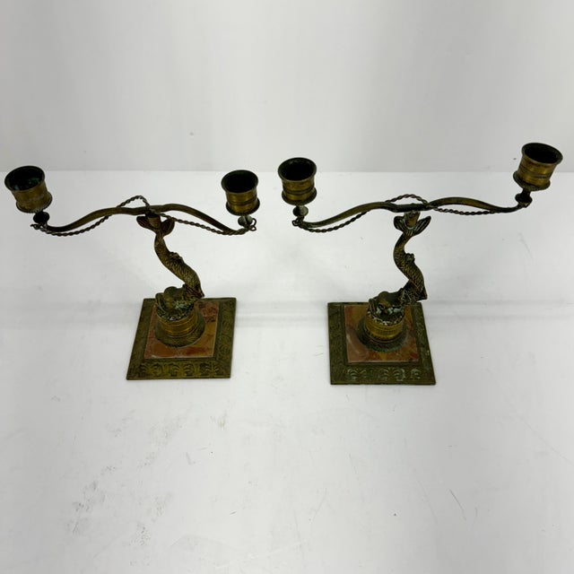 Italian Pair of Late 19th Century Candlesticks in Brass and on Marble Bases