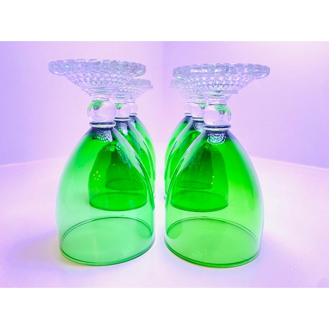 American Vintage 1950's Forest Green Water Tumbler/Goblet Wine Glass With Clear Bubble Feet- Set of 6 For Sale - Image 3 of 6