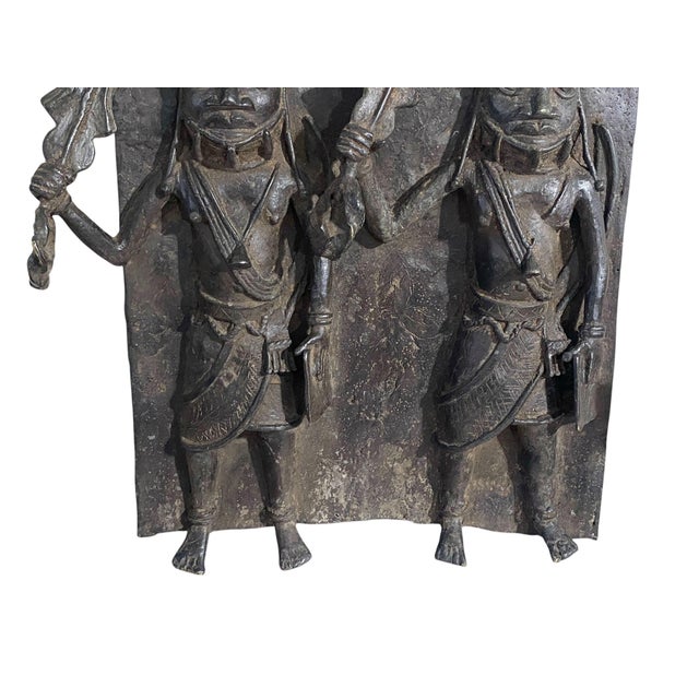 Bronze Vintage Large African Benin Bronze Plaque W/ Warriors 18.25" H For Sale - Image 8 of 12