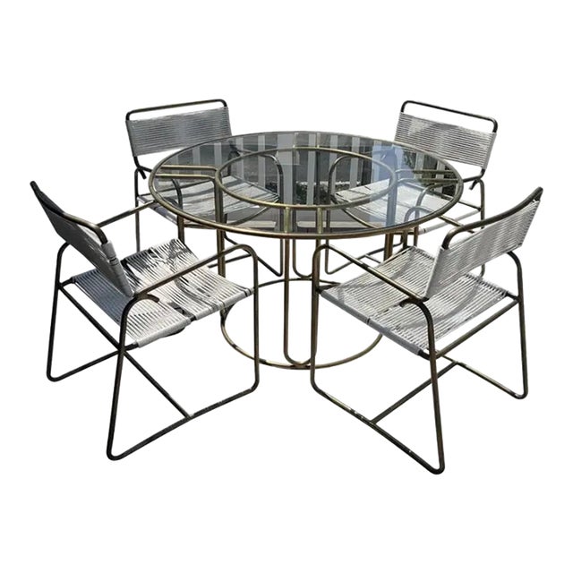 Walter Lamb for Brown Jordan Round Brass Table & 4 Chairs For Sale