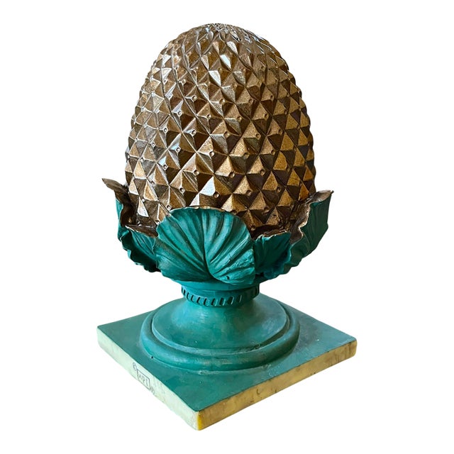 1960s Gold & Green Pinecone Finial Sculpture With Acanthus Leaf Motif and Square Plinth For Sale