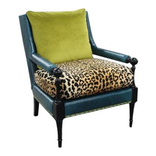 Turquoise Leather Faux Leopard Chair For Sale
