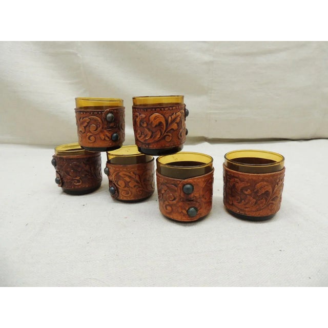 Vintage Hand Blown Shot Glasses Wrapped in Embossed Leather - Set of 6 For Sale - Image 9 of 10