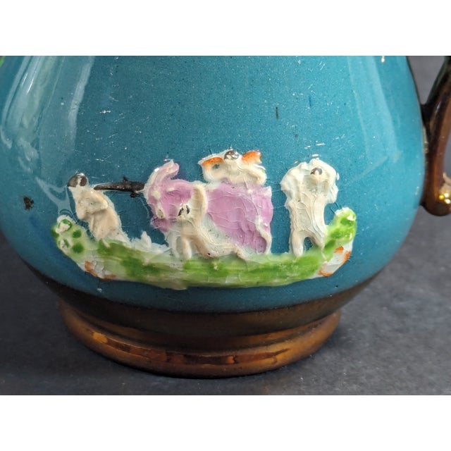 Mid 19th Century 1850's English Copper Luster Ware Pitcher With Hand Painted Motif on Teal Colored Band For Sale - Image 5 of 10