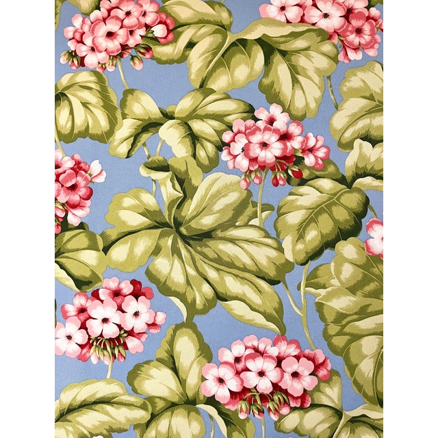 Traditional Discontinued Bloomcraft Floral Screen Print Fabric — 4 Yards in Sky Blue & Pink Geranium Pattern For Sale - Image 3 of 9
