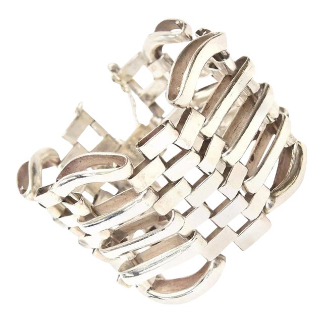 Vintage Sterling Silver Modernist Sculptural Link Cuff Bracelet Hallmarked, 1970's For Sale