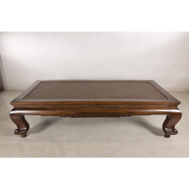 Asian Antique Chinese Elm Opium Bed Coffee Table with Woven Rattan Top and Scroll Legs For Sale - Image 3 of 18