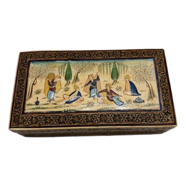 Mid-Century Persian Khatam Kari Inlaid Marquetry Cigarette Box With Hand-Painted Miniature Scene For Sale