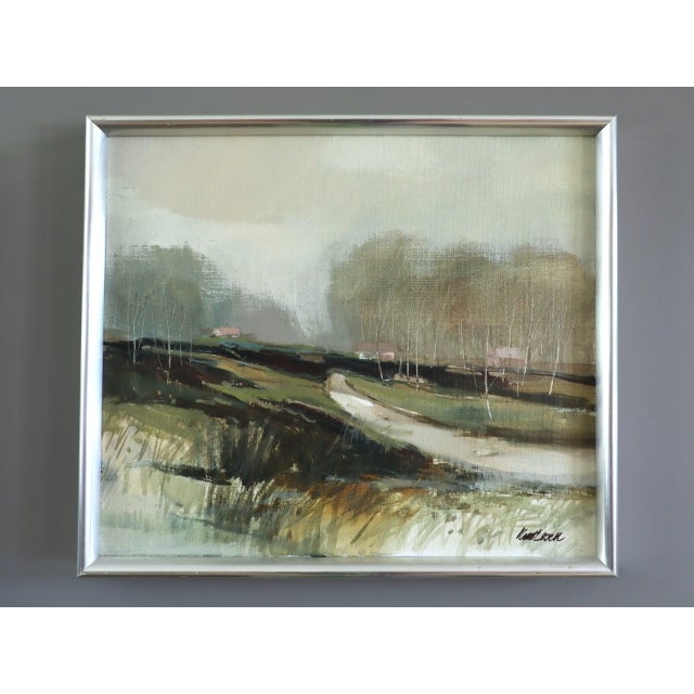 A GENTLE PATH Size: 12.6 x 14.6 inches (including frame) Oil on canvas A gentle and atmospheric mid-century landscape that...