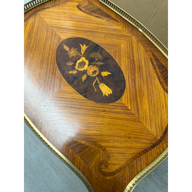 1960s A French Marquetry Inlaid Wood Side Table With Brass Gallery and Ormolu Mounts. For Sale In Jacksonville, FL - Image 6 of 6