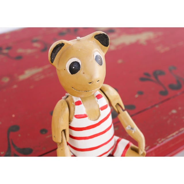 Vintage Wooden Teddy Bear Jointed Red & White Shelf Sitter Hand Carved Folk Art For Sale - Image 4 of 14
