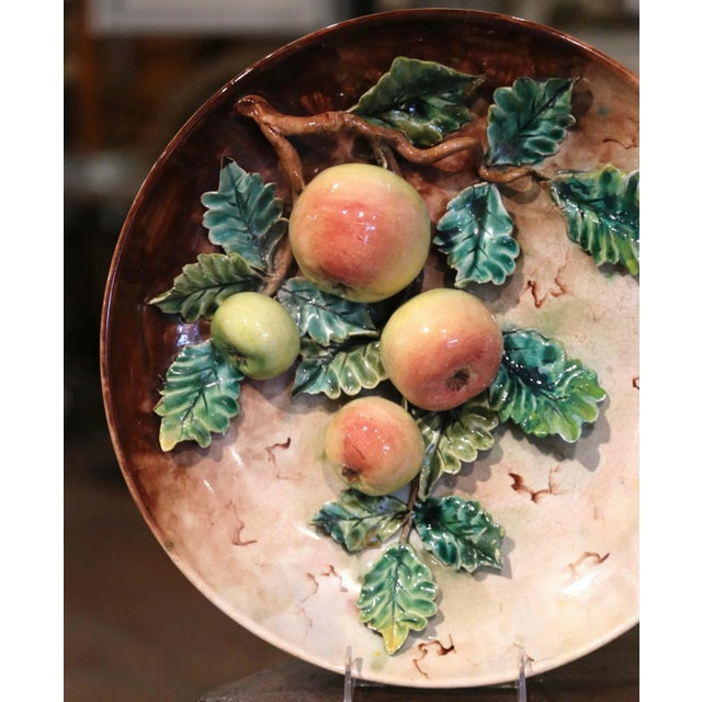 Tan Pair of 19th Century French Hand Painted Ceramic Barbotine Fruit Wall Platters For Sale - Image 8 of 12