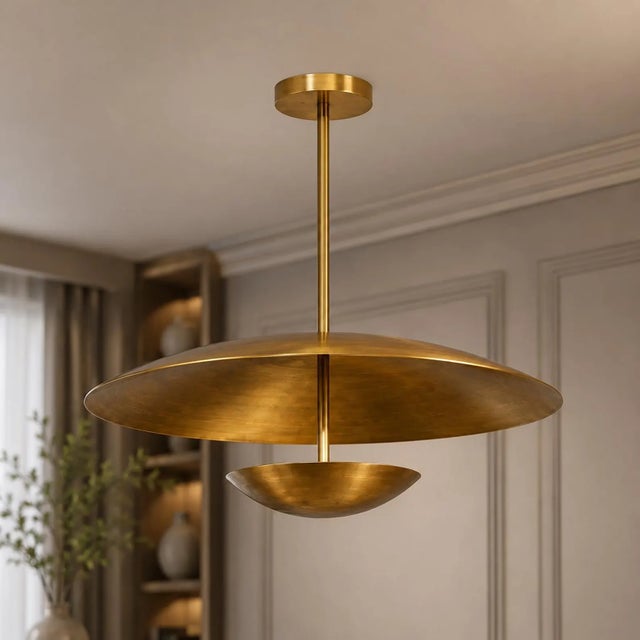 Contemporary Handcrafted Solid Brass Layered Disc Pendant Light For Sale - Image 3 of 8