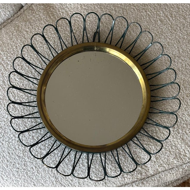 Petite Scale Modernist French Round Brass Sunburst Loop Mirror, 1950s For Sale - Image 14 of 15