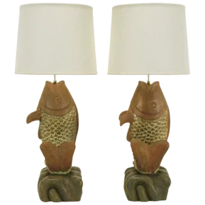Substantial Hand-Carved Wood Koi Fish Table Lamps - a Pair