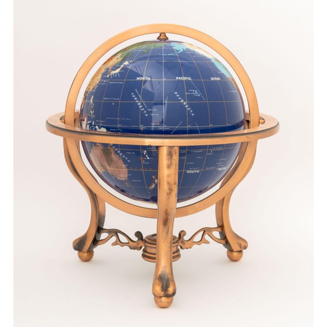 Modern Semi-Precious Stone Inlaid Revolving Globe on Copper Stand For Sale - Image 11 of 15
