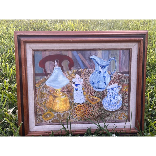 1960s Vintage Oil Painting Still Life Blue & White Porcelain Kerosene Lamp Signed “The Royal Copenhagen” For Sale - Image 5 of 10