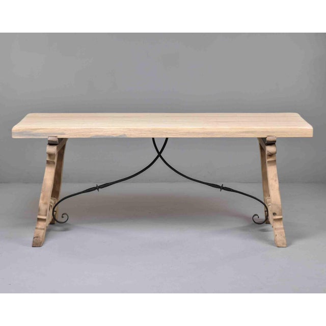 Italian Bleached Oak Trestle Table With Wrought Iron Stretcher For Sale - Image 4 of 12