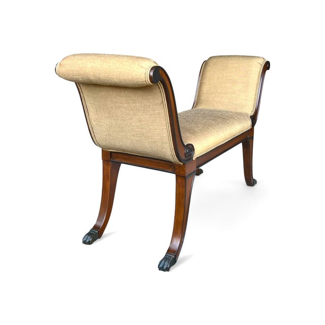 Restored Vintage Mahogany X-Design Bench With Brass Claw Feet and Gold Upholstery For Sale - Image 11 of 14