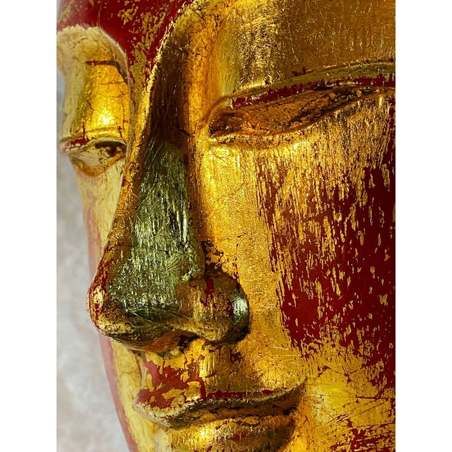 Antique Red Lacquer & Gilt Buddha Head Sculpture on Stand, Japan, Early 20th Century For Sale - Image 4 of 7