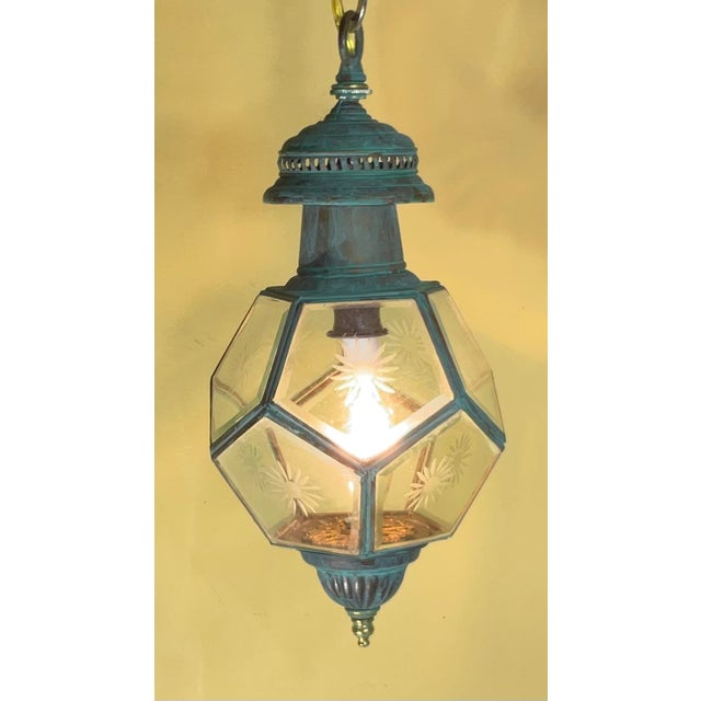 1950s Antique English Solid Brass & Glass Starburst Hanging Lantern - Pendant For Sale - Image 5 of 14