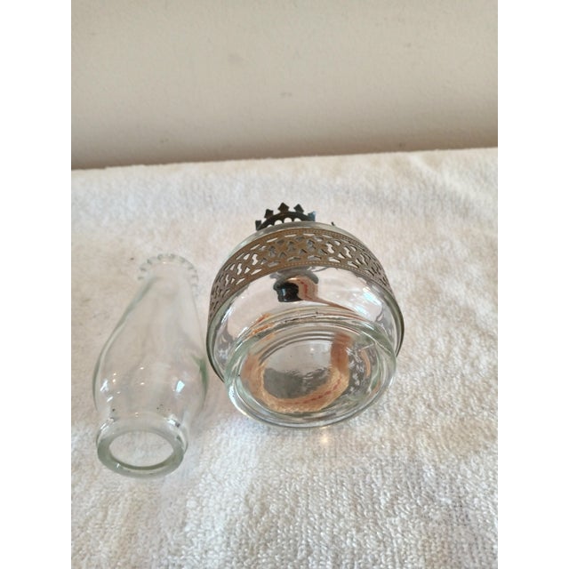 Vintage Miniature Oil Lamp, Clear Glass With Pierced Silver Metal Band For Sale - Image 4 of 6