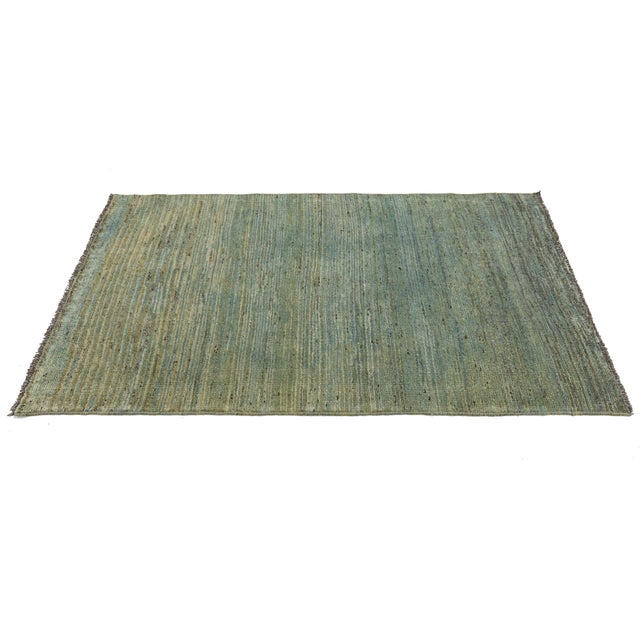 2010s Modern Hand-Knotted Gabbeh Wool Rug – Variegated Teal & Sage Abrashed Design For Sale - Image 5 of 8
