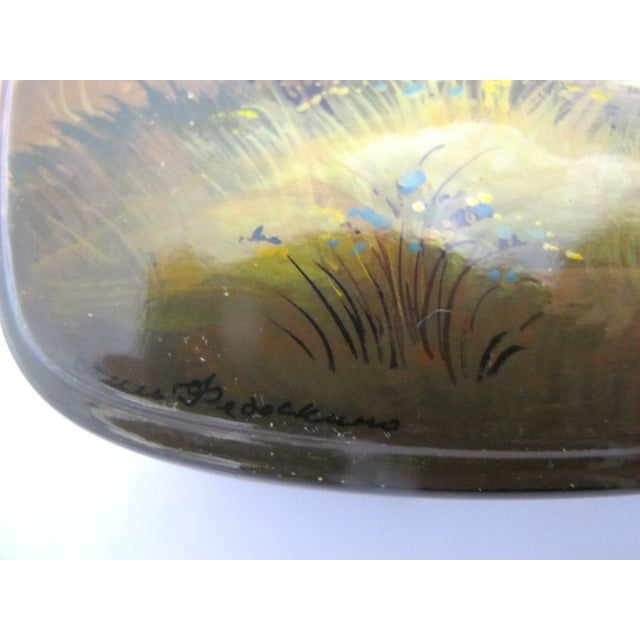 Paper Russian Fedoskino Lacquer Mother of Pearl Hand Painted Landscape Box For Sale - Image 7 of 11