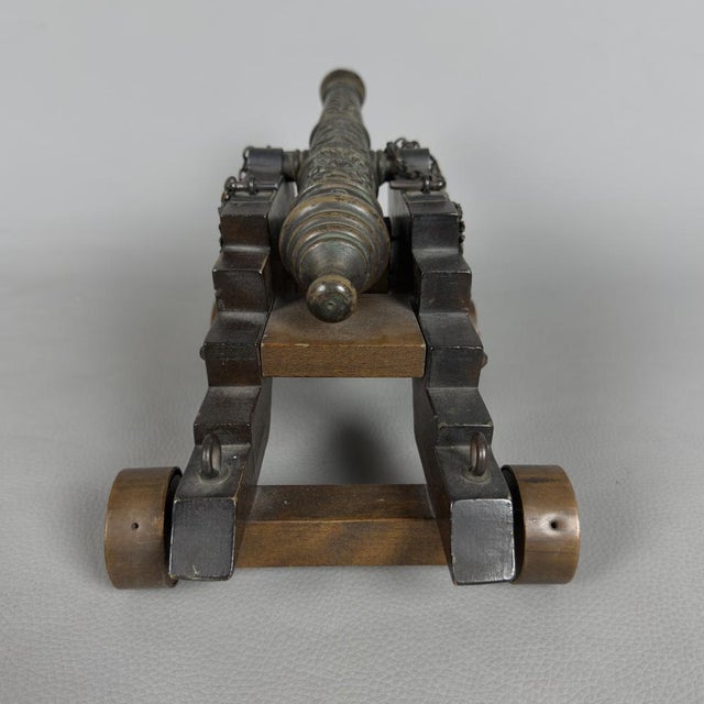Vintage Decorated Wood and Bronze Naval Cannon, 1940s For Sale - Image 3 of 13