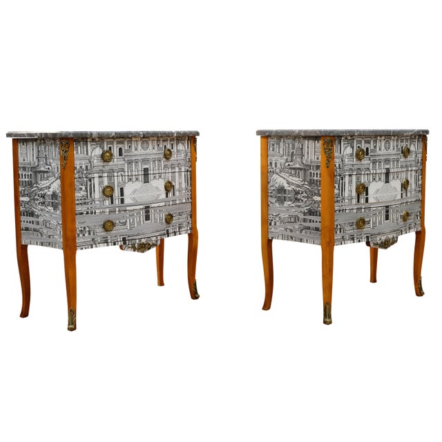 1950s 1950s Pair of Louis XV Style Chest With Fornasetti Pattern of Ancient Rome and Grey Marble Top For Sale - Image 5 of 8