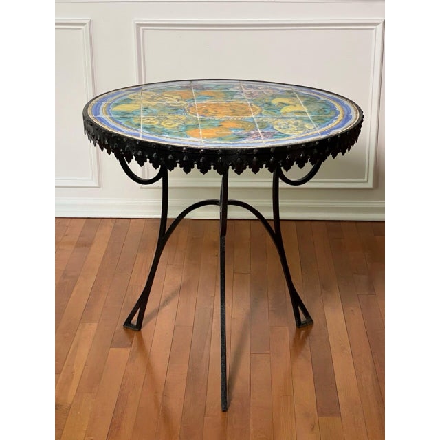 Gothic Italian Hand-Painted Ceramic Tile Top Bistro, Side Table With Wrought Iron Base, 1950s For Sale - Image 3 of 15
