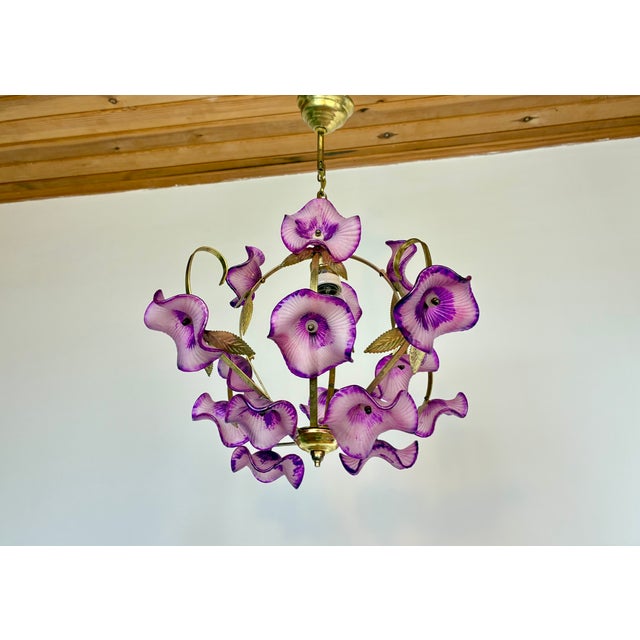 Pink Vintage Hand-Painted Pink Glass Flower Chandelier – One of a Kind Floral Ceiling Light For Sale - Image 8 of 14